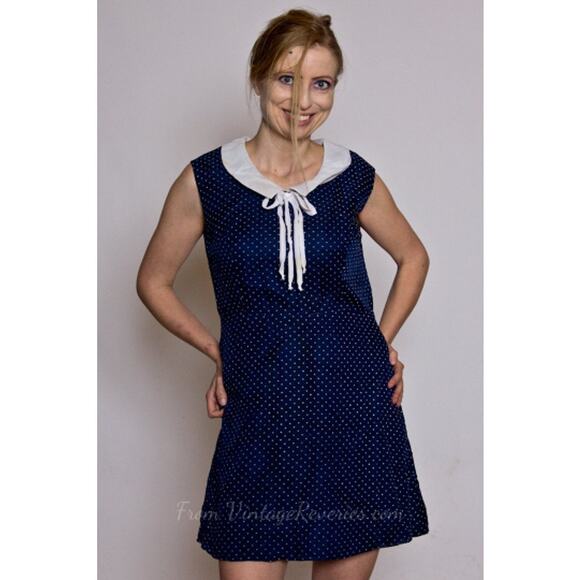 Vintage 1960s Navy Polka Dot Dress with White Sailor Collar – Size M - Picture 5 of 16